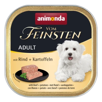 Dose mit Nassfutter für Hunde mit einem weißen Hund auf dem Etikett, mit "animonda vom Feinsten ADULT mit Rind + Kartoffeln" und einer Fleischportion.