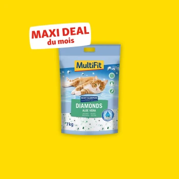 Sac de 7 kg de litière pour chat MultiFit Diamonds Aloe Vera avec chat orange sur fond bleu, texte « Maxi Deal du mois ».