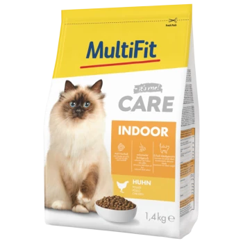 A 1.4 kg bag of MultiFit cat food, "it's me! CARE INDOOR," with a fluffy cat and kibble bowl, promotes anti-hairball and odor control.