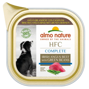 Almo Nature HFC Complete Hundefutterverpackung mit irischem Angus-Rindfleisch und grünen Bohnen, getreidefreies Rezept und einer Silhouette eines schwarzen Hundes.