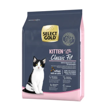 Kitten Geflügel und Lachs 2.5 kg Select Gold Kitten Classic Fit Katzenfutterverpackung mit einem schwarz-weißen Kätzchen, mit Text, der optimale Ernährung für Kätzchen hervorhebt.