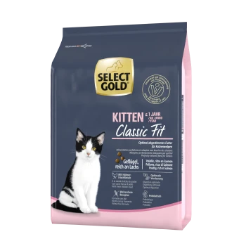 Select Gold Kitten Classic Fit Katzenfutterverpackung mit einem schwarz-weißen Kätzchen, mit Text, der optimale Ernährung für Kätzchen hervorhebt.