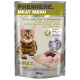 Katzenfutterverpackung mit einer braunen Tabby-Katze, beschriftet mit "Premiere. Fleischmenü" und "Huhn mit Truthahn & Kaninchen." Hebt "100% Frisches Fleisch" und "Getreidefrei" hervor.