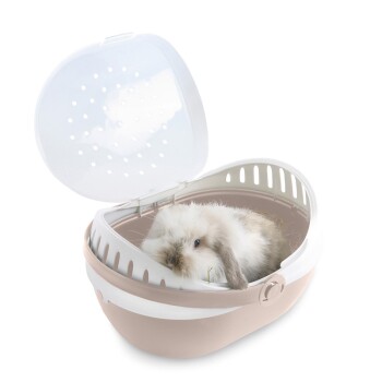 Ein flauschiger weißer Kaninchen ruht in einer beige-weißen Haustiertrage mit einem transparenten, perforierten Deckel.