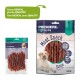 Two pet snack packages: left, "Premiere Snack It - Entenbrust" with duck strips; right, "I love my dog - Meat Snack Strips" with 95% meat.