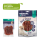 Zwei Verpackungen für Haustiersnacks: links, 'Premiere Snack It - Entenbrust' mit Entenstreifen; rechts, 'Ich liebe meinen Hund - Fleischsnackstreifen' mit 95% Fleisch.