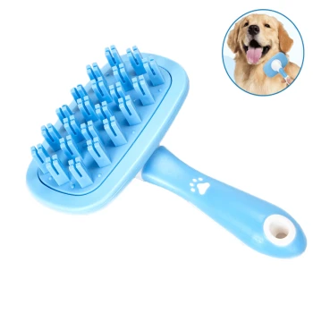 Blaue Haustierpflegebürste mit Gummiborsten, mit einem Pfotenabdruckdesign am Griff; enthält ein kreisförmiges Bild eines glücklichen Hundes.