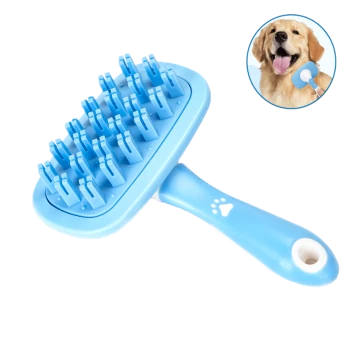 Blaue Haustierpflegebürste mit Gummiborsten, mit einem Pfotenabdruckdesign am Griff; enthält ein kreisförmiges Bild eines glücklichen Hundes.