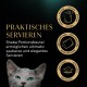 Graue Katze mit grünen Augen neben einem Text, der Sheba-Portionsbeutel für sauberes und elegantes Servieren bewirbt, mit Symbolen zum Öffnen und Servieren.