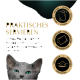 Graue Katze mit grünen Augen neben einem Text, der Sheba-Portionsbeutel für sauberes und elegantes Servieren bewirbt, mit Symbolen zum Öffnen und Servieren.