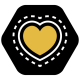 Ein schwarzes sechseckiges Symbol mit einem goldenen Herzen, umgeben von einem weißen gestrichelten Kreis, das die Liebe zu Haustieren symbolisiert.