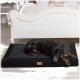 Ein schwarzer Dobermann, der auf einem plüschigen schwarzen Hundebett in einem hellen Raum mit einem weißen Bett im Hintergrund liegt.