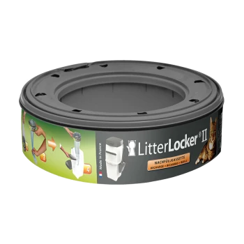 Kartridż uzupełniający LitterLocker II do usuwania żwirku dla kotów, z instrukcjami użytkowania krok po kroku i grafiką kota.