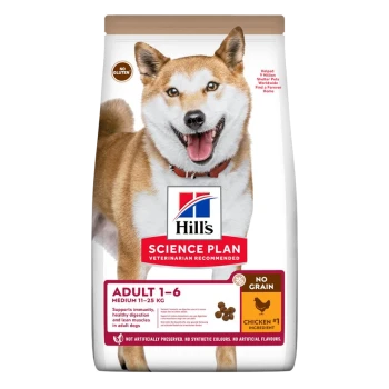 Hill's Science Plan Hundefutterbeutel mit einem lächelnden Shiba Inu. Der Text hebt "Erwachsene 1-6", "Keine Körner" und "Huhn #1 Zutat" hervor.