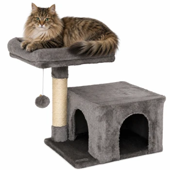Grauer Katzenbaum mit einem plüschigen oberen Platz, einem mit Sisal umwickelten Kratzbaum und einem gemütlichen Versteck darunter.