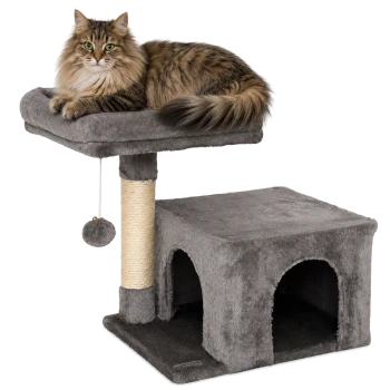 Grauer Katzenbaum mit einem plüschigen oberen Platz, einem mit Sisal umwickelten Kratzbaum und einem gemütlichen Versteck darunter.