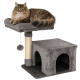 Grauer Katzenbaum mit einem plüschigen oberen Platz, einem mit Sisal umwickelten Kratzbaum und einem gemütlichen Versteck darunter.