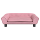 Rosa Haustier-Sofa mit abgerundeten Armen und Knopfdetails, mit einem abnehmbaren Kissen und schwarzen Beinen.