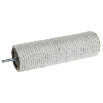 Een cilindervormige krabpaal gewikkeld in natuurlijke sisal touw, met een metalen schroef aan één uiteinde voor gemakkelijke bevestiging.