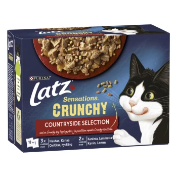 Latz Sensations Crunchy Countryside Selection Katzenfutterverpackung mit einer schwarz-weißen Katze und einer Schüssel mit knusprigen Kroketten.