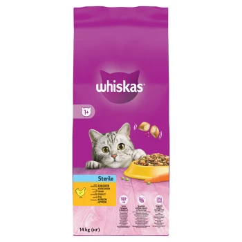 Croquettes au poulet pour chat adulte stérilisé 14 kg Sac de nourriture pour chat Whiskas avec un chat gris aux grands yeux, étiqueté "Stérile" et "1+" avec du poulet comme ingrédient principal, 14 kg.