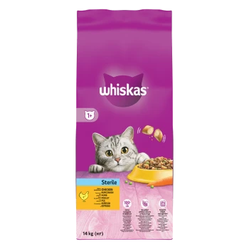 Sac de nourriture pour chat Whiskas avec un chat gris aux grands yeux, étiqueté "Stérile" et "1+" avec du poulet comme ingrédient principal, 14 kg.