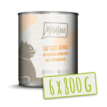 Nassfutter Katze Adult 6x800 g Huhn an Möhrchen Dosenfutter für Katzen mit der Aufschrift "Saftiges Huhn an leckeren Möhrchen mit Katzenminze" und einer Katzen-Silhouette, mit "6 x 800 g" in grün.