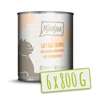 Blikjes kattenvoer met het label "Saftiges Huhn an leckeren Möhrchen mit Katzenminze" met een kattensilhouet, met "6 x 800 g" in het groen.