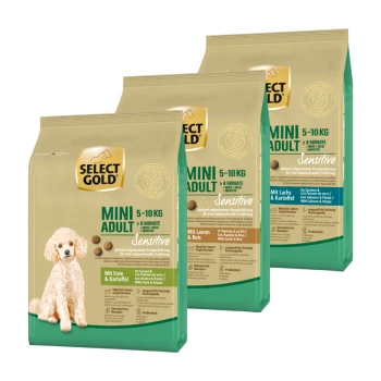 Sensitive Adult Mini proefpakket 3 x 1 kg Probeerpakket 1, Mix-Pack Drie zakken Select Gold Mini Adult hondenvoer gelabeld 'Gevoelig' met smaken: Eend & Aardappel, Lam & Rijst, en Zalm & Aardappel.