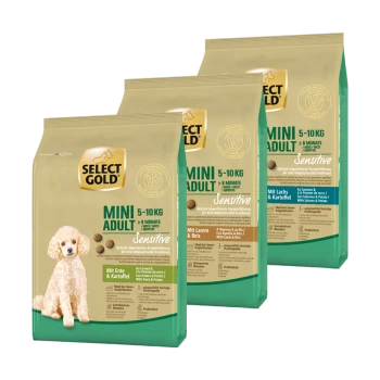 Drei Beutel Select Gold Mini Adult Hundefutter, beschriftet mit "Sensibel" und Geschmacksrichtungen: Ente & Kartoffel, Lamm & Reis und Lachs & Kartoffel.