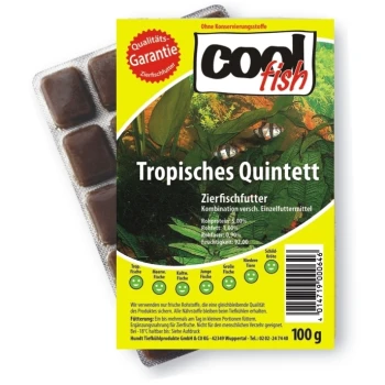 Verpackung für "cool fish Tropisches Quintett" Fischfutter, mit einem lebhaften gelben Hintergrund, Nährwertinformationen und Bildern von tropischen Fischen.