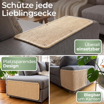 Beige Sisal-Kratzpads auf grauem Sofa (flach und Ecke). Sichtbarer deutscher Text: 'Schütze jede Lieblingsecke.'