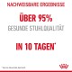Text, der die Vorteile von Haustierfutter bewirbt: "Über 95% gesunde Stuhlqualität in 10 Tagen" mit dem Royal Canin-Logo.