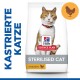 Hill's Science Plan Katzenfutter für sterilisierten Katzen, mit einer roten Katze auf der Verpackung, beschriftet mit 'Kastrierte Katze' und 'Huhn.'