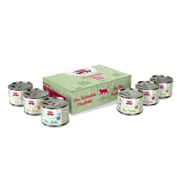 Bio-Mixpaket 6x200g Eine Box mit dem Etikett "Das Katzenliebe Mix-Paket" mit sechs Dosen Bio-Katzenfutter, die Geschmäcker wie Bio-Rind, Bio-Lachs, Bio-Huhn und Ente enthalten.