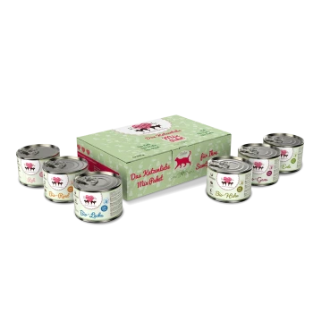 Eine Box mit dem Etikett "Das Katzenliebe Mix-Paket" mit sechs Dosen Bio-Katzenfutter, die Geschmäcker wie Bio-Rind, Bio-Lachs, Bio-Huhn und Ente enthalten.