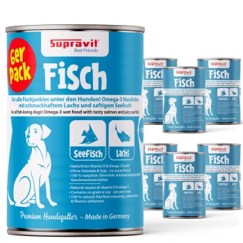 Dosen mit Supravit-Hundefutter, die mit "Fisch" beschriftet sind, mit einem blauen Design und einer Hundillustration, die Lachs- und Meeresfischzutaten hervorhebt.