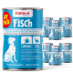 Dosen mit Supravit-Hundefutter, die mit "Fisch" beschriftet sind, mit einem blauen Design und einer Hundillustration, die Lachs- und Meeresfischzutaten hervorhebt.