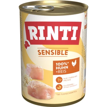 Rinti Sensible Hundefutterdose mit "100% Huhn + Reis" mit Bildern von Hühnerstücken und Reis, das glutenfrei und mit einer einzigen Tierproteinquelle hervorgehoben wird.