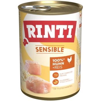 Rinti Sensible Hundefutterdose mit "100% Huhn + Reis" mit Bildern von Hühnerstücken und Reis, das glutenfrei und mit einer einzigen Tierproteinquelle hervorgehoben wird.