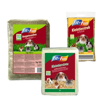 Kleintier Geschenkset 3tlg. 240 l Drei Fit+Fun Haustierpflegeprodukte: 5 kg Heu, 60 l Einstreu und 600 g Stroh, mit kleinen Tieren auf der Verpackung.