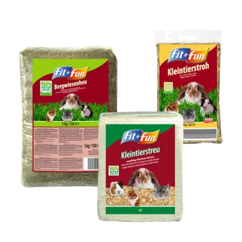 Drei Fit+Fun Haustierpflegeprodukte: 5 kg Heu, 60 l Einstreu und 600 g Stroh, mit kleinen Tieren auf der Verpackung.