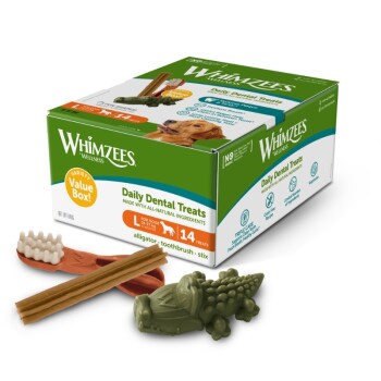 Pudełko ekonomiczne Whimzees Daily Dental Treats dla psów, L, 14 przysmaków, z zielonym aligatorem, brązowymi patyczkami i pomarańczową szczoteczką.