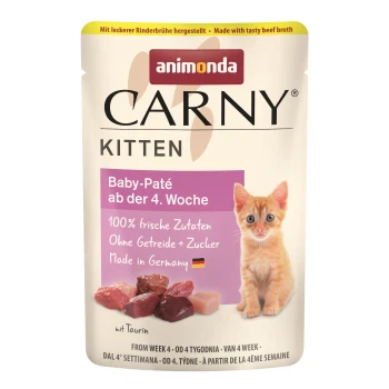 Carny Nassfutter Katze Kitten, Baby-Paté 12x85 g Beutel mit animonda CARNY Kitten Baby-Pâté, geeignet ab Woche 4, mit frischen Zutaten, ohne Getreide oder Zucker, hergestellt in Deutschland.