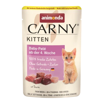 Beutel mit animonda CARNY Kitten Baby-Pâté, geeignet ab Woche 4, mit frischen Zutaten, ohne Getreide oder Zucker, hergestellt in Deutschland.