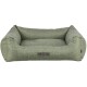 Grünes Hundebett mit strukturiertem Stoff und erhöhten Seiten, mit einem kleinen Etikett, das "homeEdition" liest.