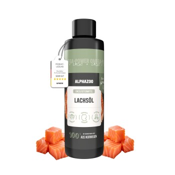 Schwarze ALPHAZOO Lachsölflasche für Haustiere, mit Pfotenabdruck-Design und frischen Lachsstücken. Text hebt Vorteile wie Omega 3 hervor.