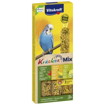 Vitakraft Kräcker Mix bird treat with herbs, sesame, banana, kiwi, and citrus, featuring a blue budgerigar on the packaging.