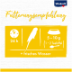 Fütterungsempfehlung für Vögel: 5-10g (1-2 Teelöffel) täglich, plus frisches Wasser, mit einem 24-Stunden-Uhr-Icon.