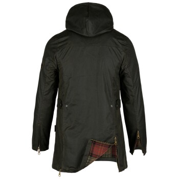 Dunkelgrüne gewachste Jacke mit Kapuze, Reißverschluss-Rückenlüftung mit rotem und grünem Tartan-Futter und Reißverschluss-Bündchen.